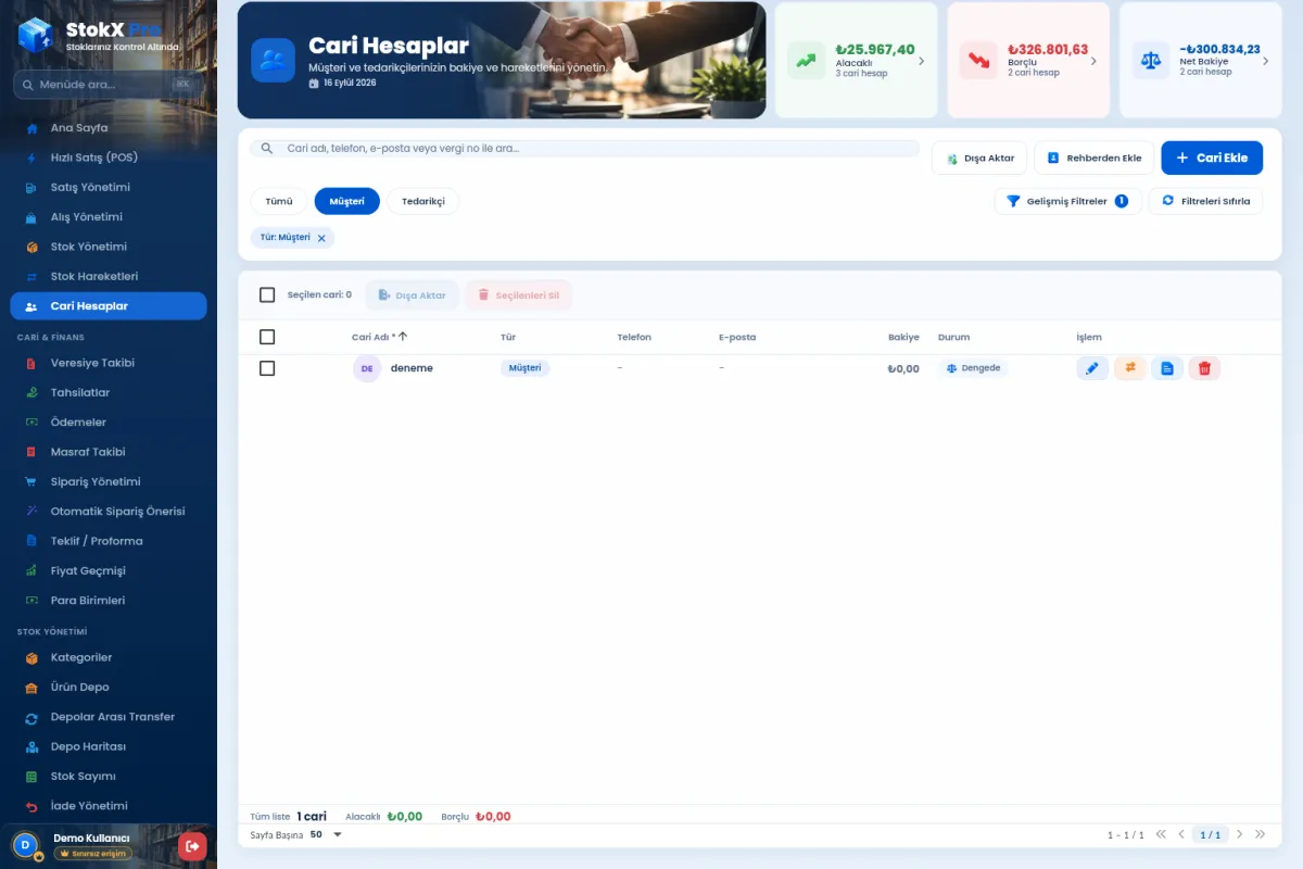 StokX Cari Hesaplar ekranı