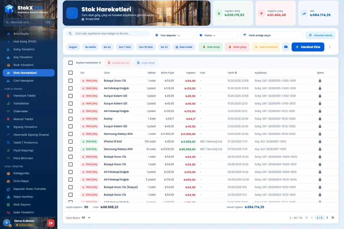 StokX Stok Hareketleri ekranı