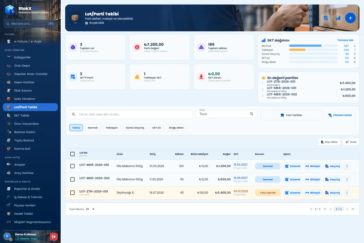 StokX Lot / Parti Takibi ekranı