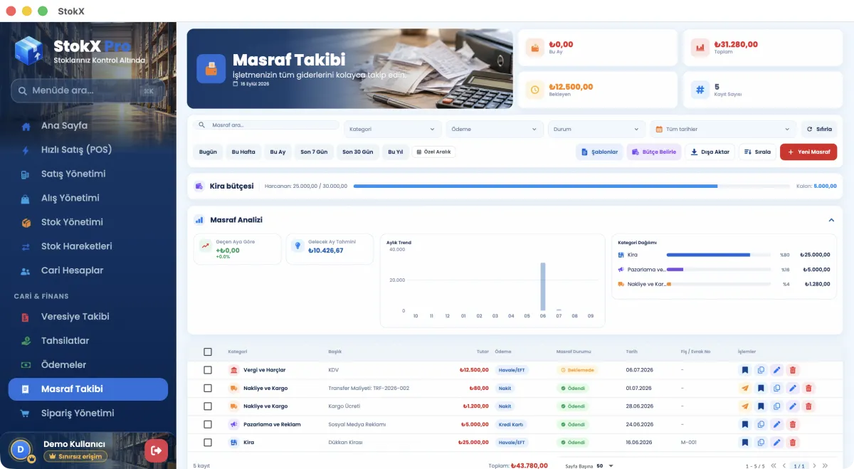 StokX Masraf Takibi ekranı