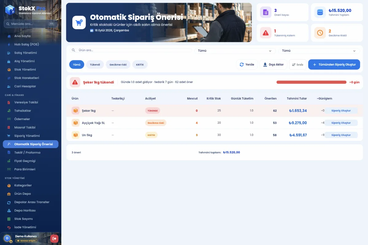 StokX Otomatik Sipariş Önerisi ekranı