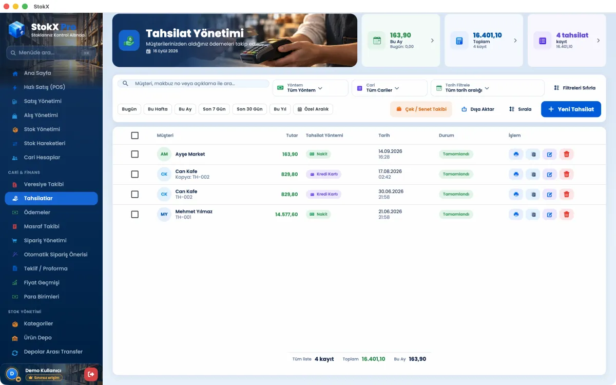 StokX Tahsilatlar ekranı