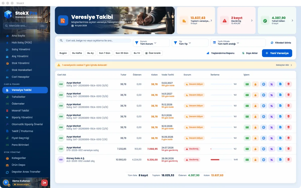 StokX Veresiye Takibi ekranı