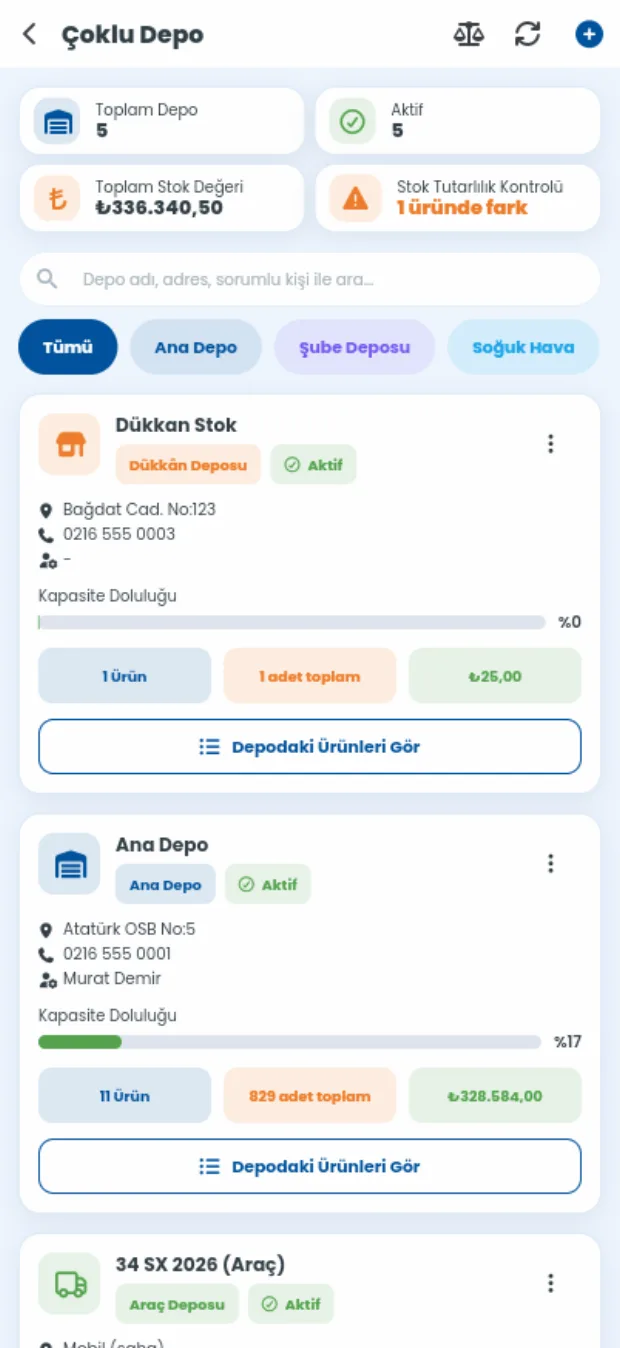 StokX mobil çoklu depo ekranı