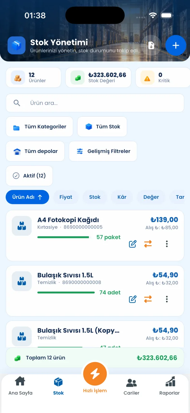 StokX mobil stok yönetimi ekranı