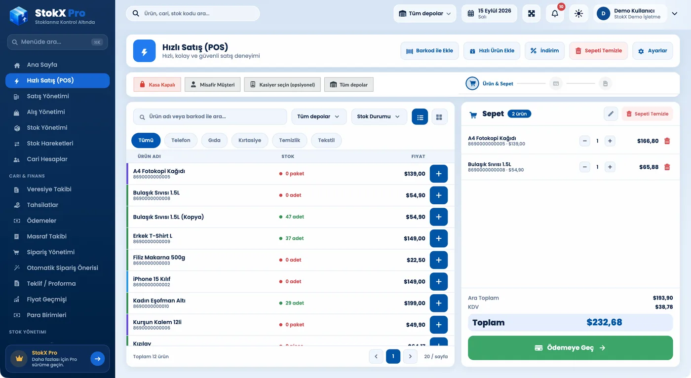 StokX hızlı satış (POS) ekranı